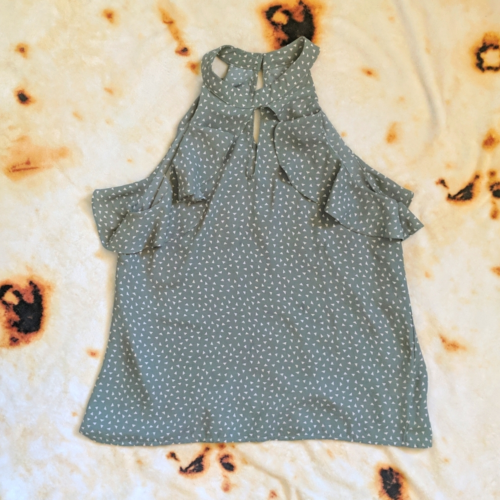 Sage green sleeveless blouse, with white triangle pattern, large, fits medium